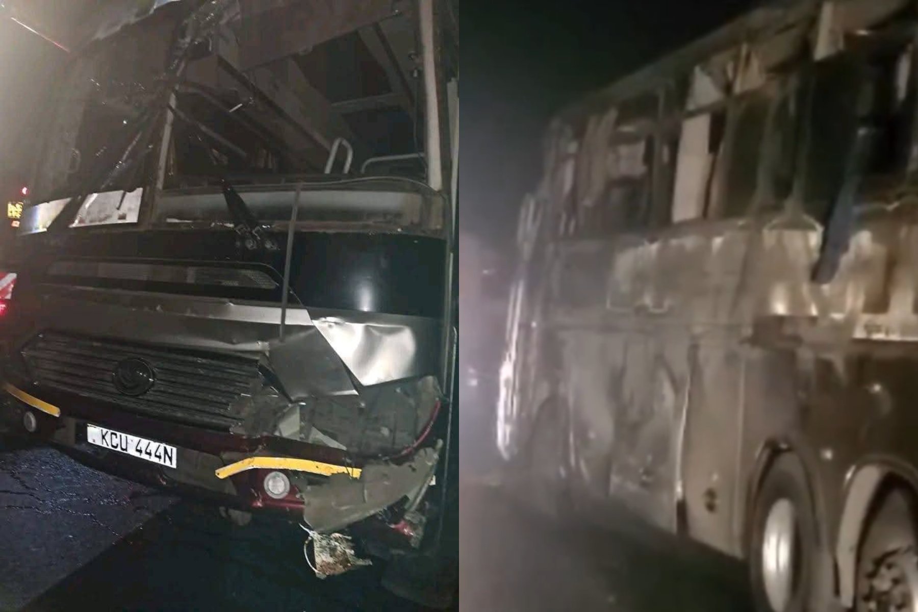 Photocollage of a Dreamliner bus involved in ana accident along Nairobi-Mombasa highway.